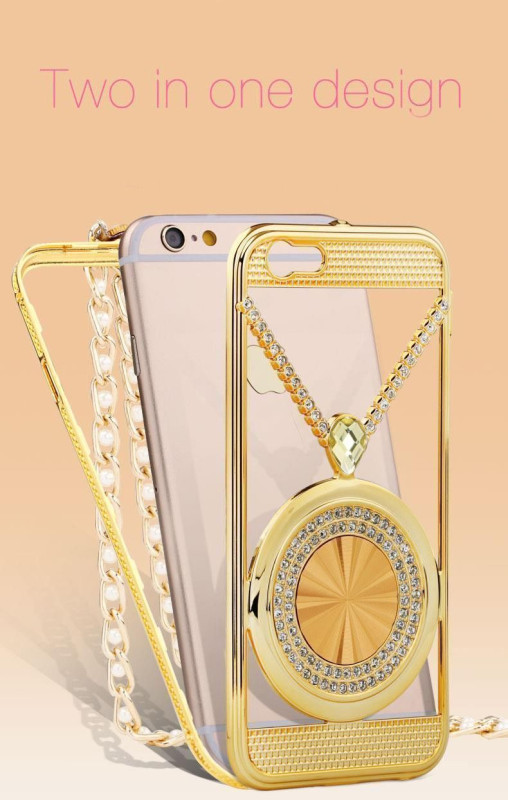 Diamond Lover ® Apple iPhone 6 Plus / 6S Plus Ultra Luxury Crystal + Diamond Metal Bumper with Pearl Chain Back Cover