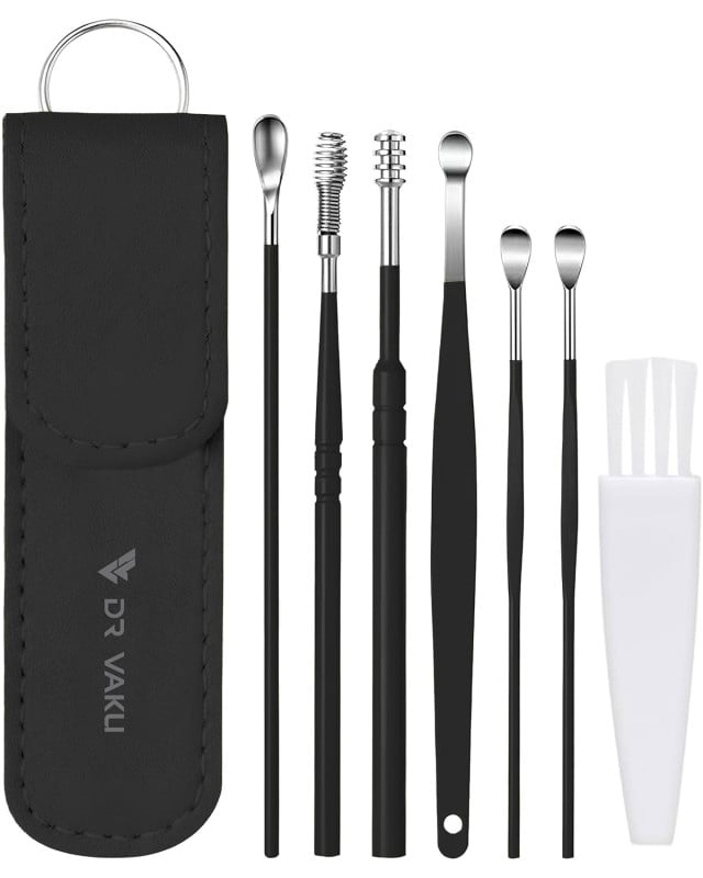 Dr Vaku ® Reusable EarWax Removal Cleaning Tool Kit (Set of 7) Stainless Steel With Storage Case Ear Pick Scoop Curette Cleaner And Spring Buds Safe Easy & Hygienic