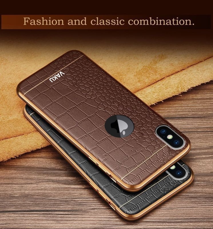 VAKU ® Apple iPhone X / XS European Leather Stitched Gold Electroplated Soft TPU Back Cover