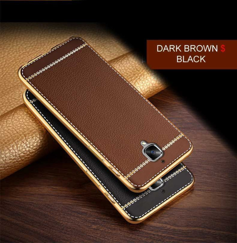 VAKU ® OnePlus 3 / 3T Leather Stitched Gold Electroplated Soft TPU Back Cover