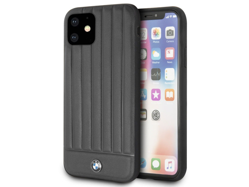 BMW ® Apple iPhone 11 Real Leather Textured Case with Hot Stamped Lines Back Cover - Black