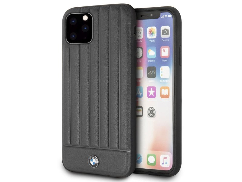 BMW ® For Apple iPhone 11 Pro Max Real Leather Textured Case with Hot Stamped Lines Back Cover - Black