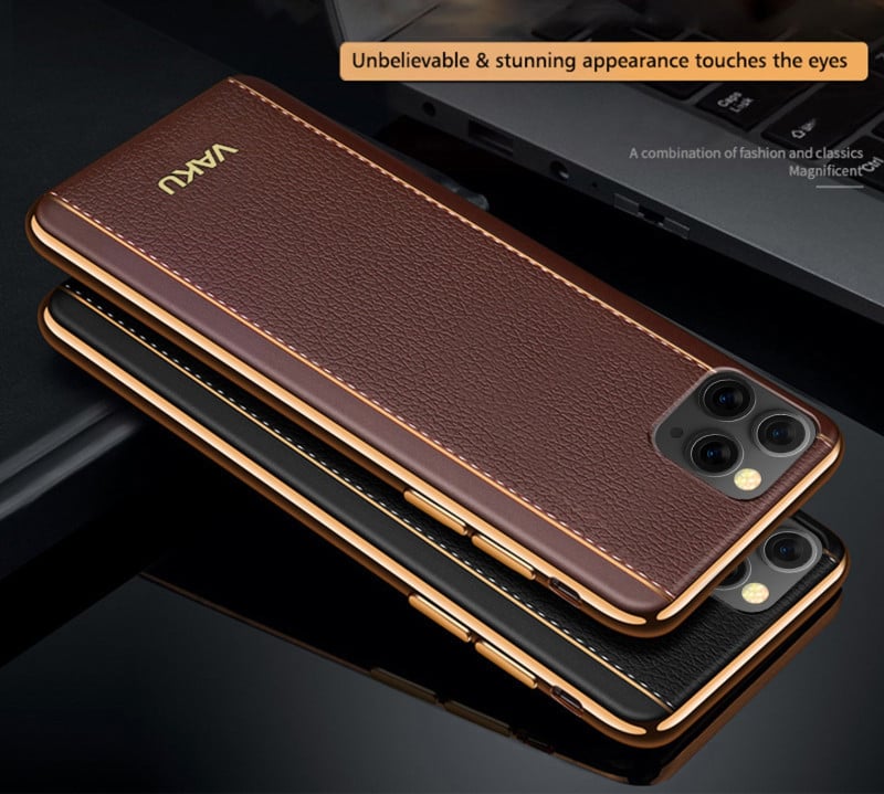 Vaku ® For Apple iPhone 11 Pro Vertical Leather Stitched Gold Electroplated Soft TPU Back Cover