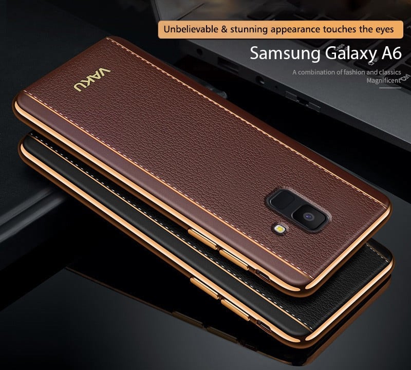 Vaku ® Samsung Galaxy A6 Vertical Leather Stitched Gold Electroplated Soft TPU Back Cover