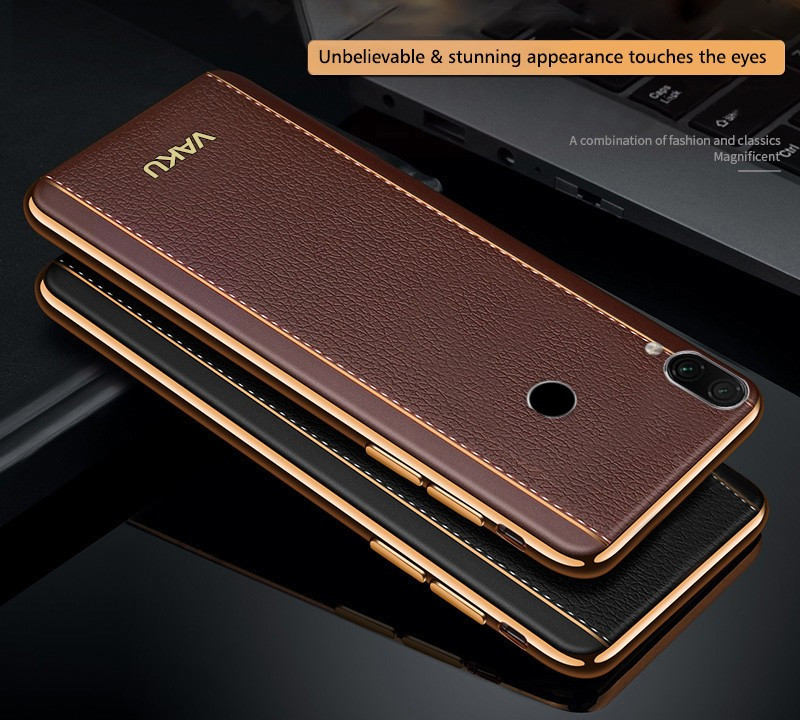 Vaku ® Xiaomi Redmi Note 7 / Note 7 Pro / Note 7S Vertical Leather Stitched Gold Electroplated Soft TPU Back Cover