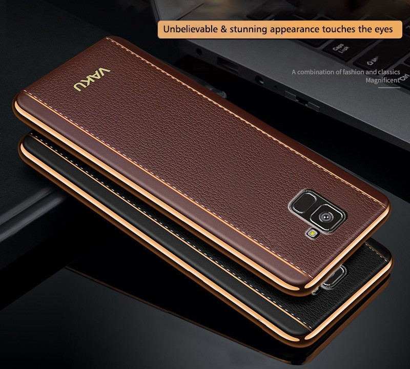 Vaku ® Samsung Galaxy A8 Plus Vertical Leather Stitched Gold Electroplated Soft TPU Back Cover