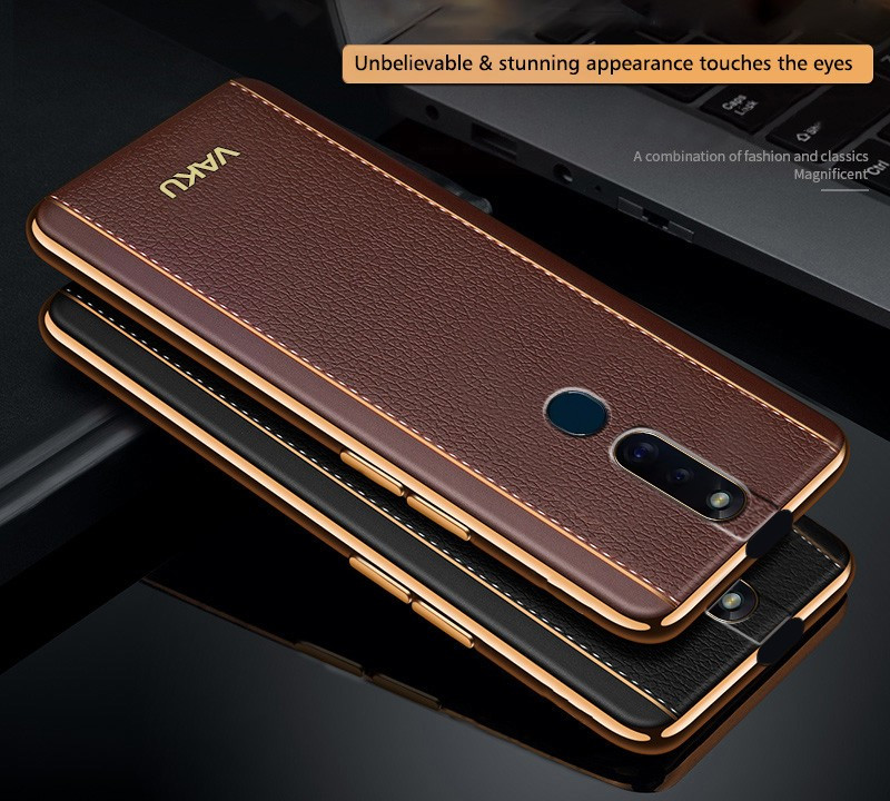 Vaku ® Oppo F11 Pro Vertical Leather Stitched Gold Electroplated Soft TPU Back Cover