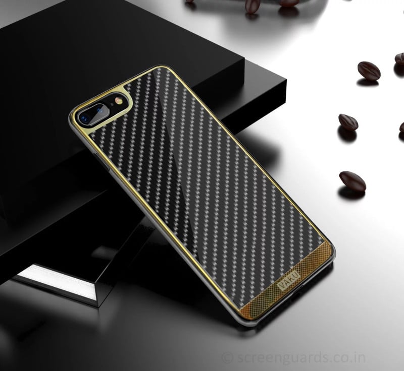VAKU ® Apple iPhone 7 Plus / 8 Plus Carbon Fibre with Golden Electroplated layering hard PC Back Cover-Black