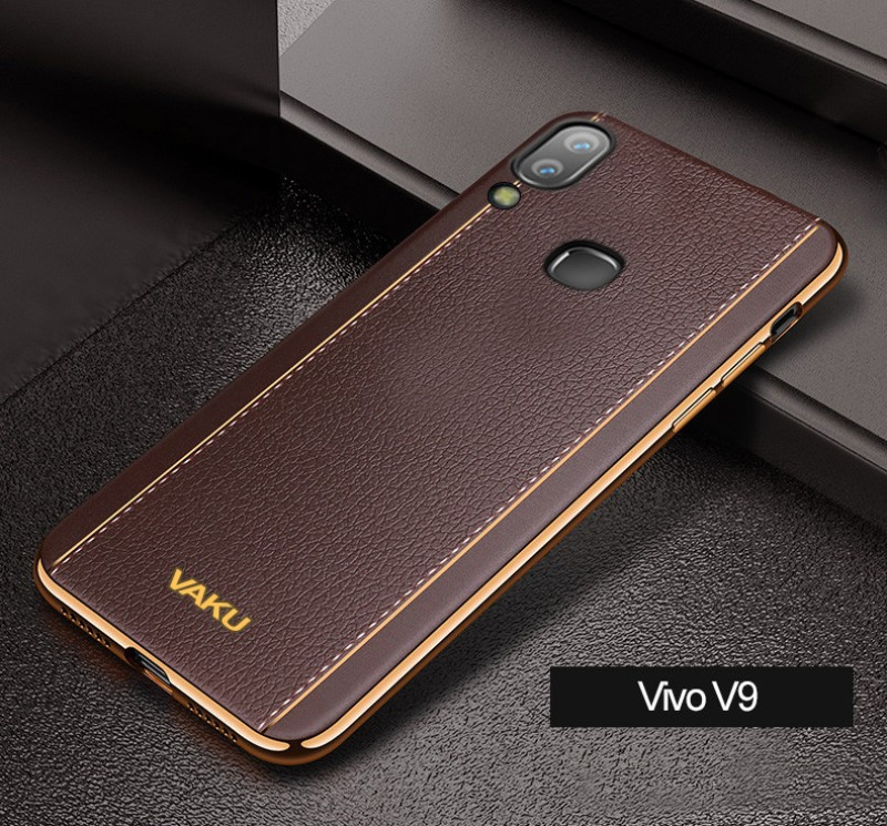 VAKU ® Vivo V9 Vertical Leather Stitched Gold Electroplated Soft TPU Back Cover