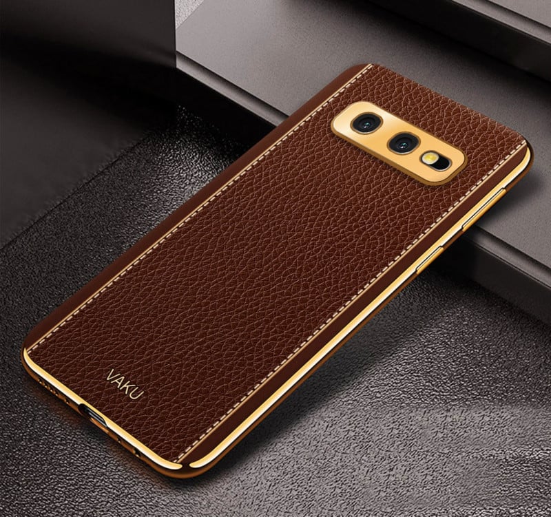 Vaku ® Samsung Galaxy S10e Luxemberg Leather Stitched Gold Electroplated Soft TPU Back Cover