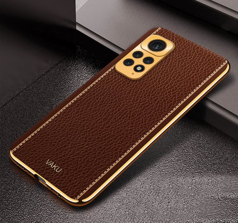 Vaku ® Redmi Note 11S Luxemberg Series Leather Stitched Gold Electroplated Soft TPU Back Cover