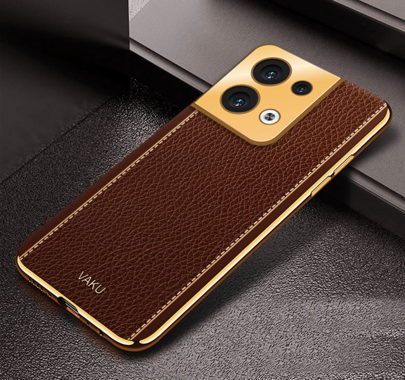 Vaku ® Oppo Reno8 5G Luxemberg Series Leather Stitched Gold Electroplated Soft TPU Back Cover
