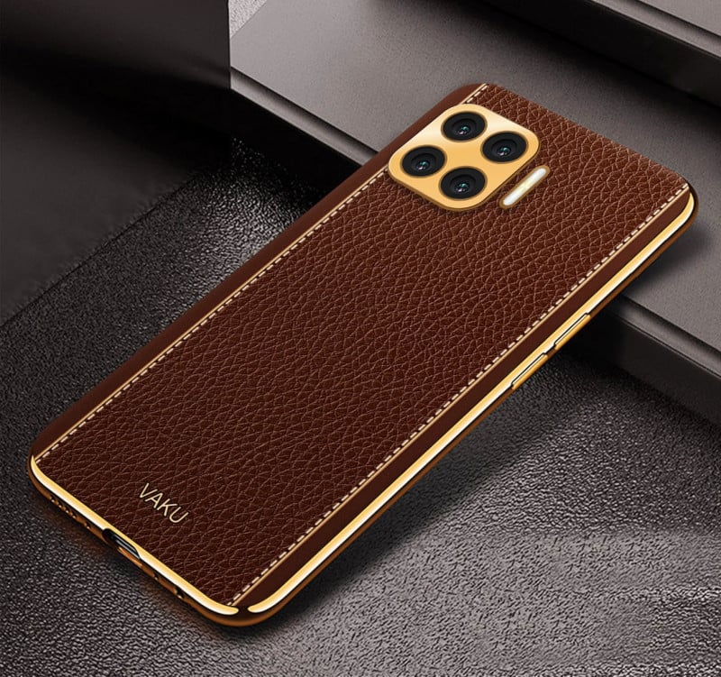 Vaku ® Oppo F17 Luxemberg Series Leather Stitched Gold Electroplated Soft TPU Back Cover