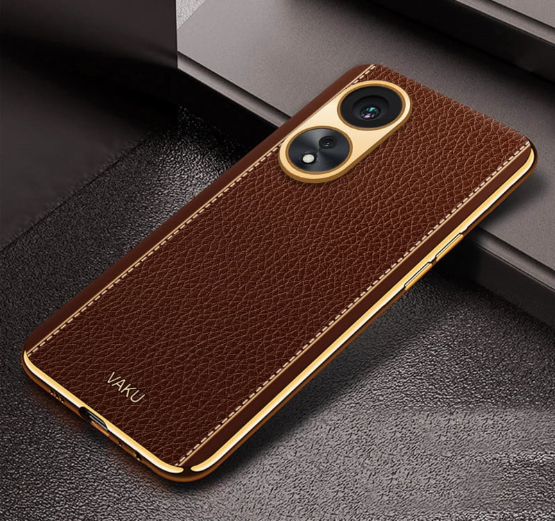 Vaku ® Oppo A78 Luxemberg Series Leather Stitched Gold Electroplated Soft TPU Back Cover