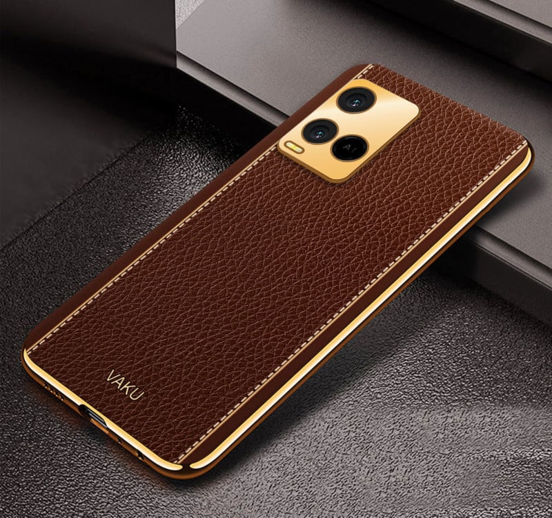 Vaku ® Vivo Y21a Luxemberg Series Leather Stitched Gold Electroplated Soft TPU Back Cover