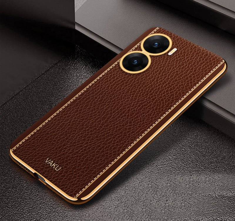 Vaku ® Vivo T2x 5G Luxemberg Leather Pattern Gold Electroplated Soft TPU Back Cover
