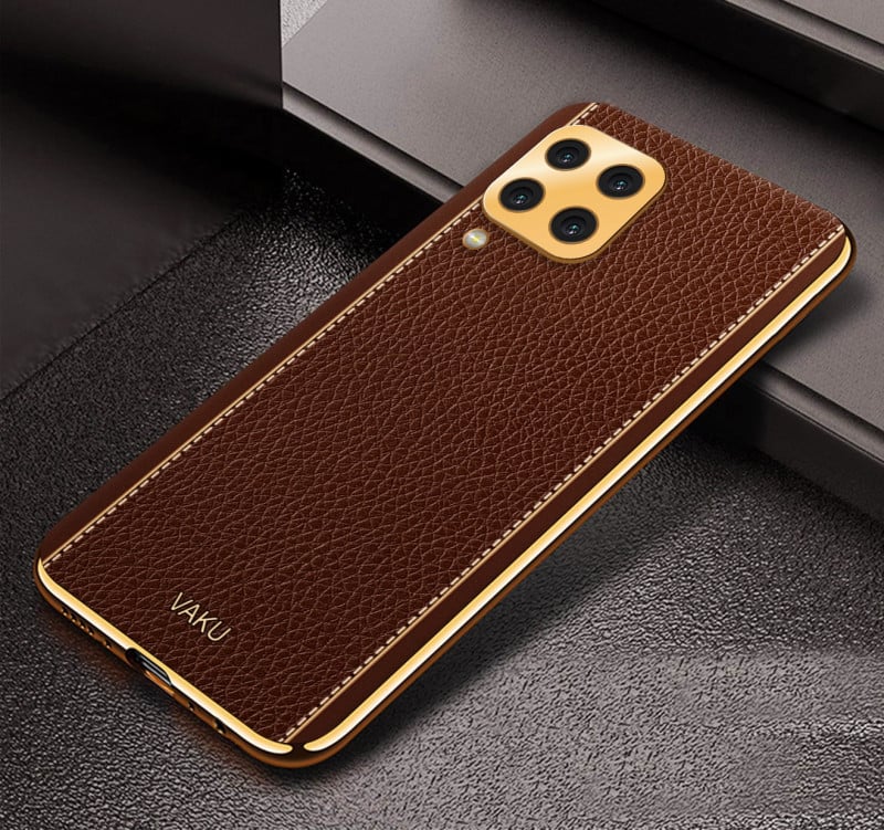 Vaku ® Samsung Galaxy M33 5G Luxemberg Series Leather Stitched Gold Electroplated Soft TPU Back Cover