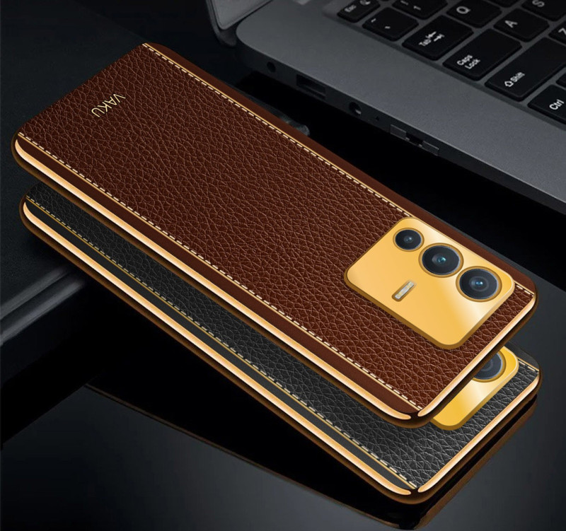 Vaku ® Vivo V23 5G Luxemberg Series Leather Stitched Gold Electroplated