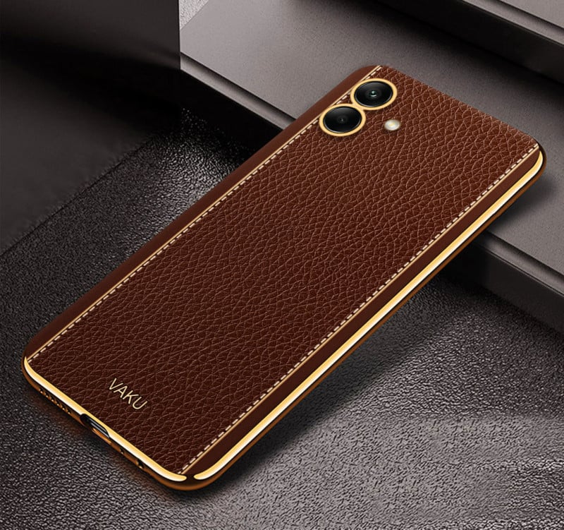 Vaku ® Samsung Galaxy A04 Luxemberg Series Leather Stitched Gold Electroplated Soft TPU Back Cover