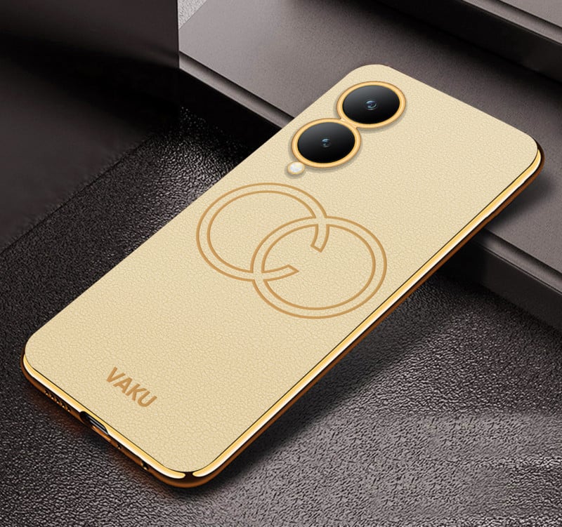Vaku ® Vivo Y17s Skylar Leather Stitched Gold Electroplated Soft TPU Back Cover Case