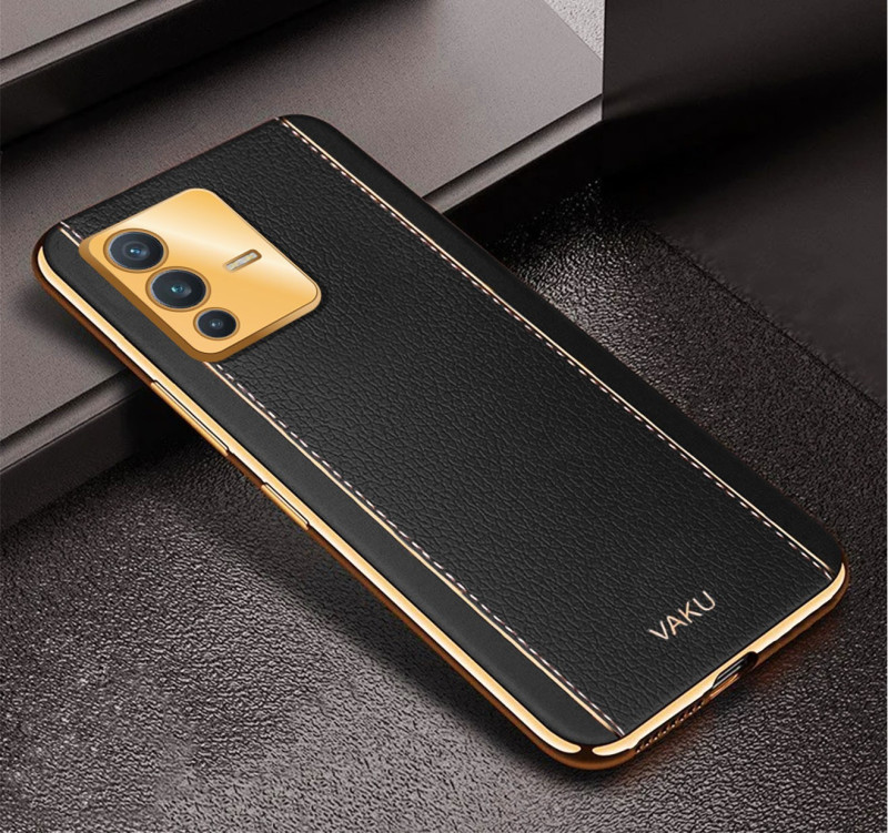Vaku ® Vivo V23 5G Luxemberg Series Leather Stitched Gold Electroplated