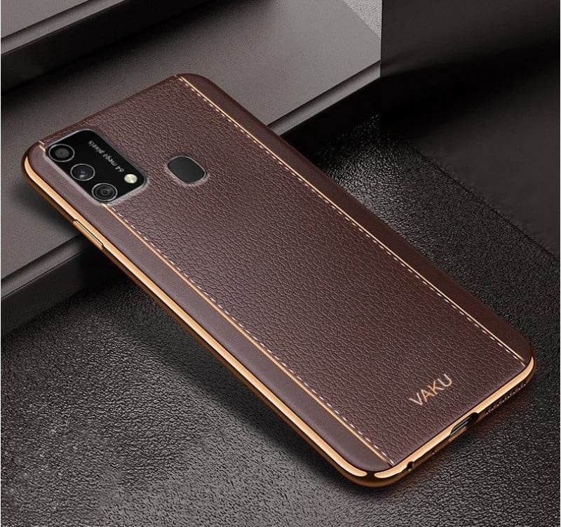 Vaku ® Samsung Galaxy F41 Vertical Leather Stitched Gold Electroplated Soft TPU Back Cover