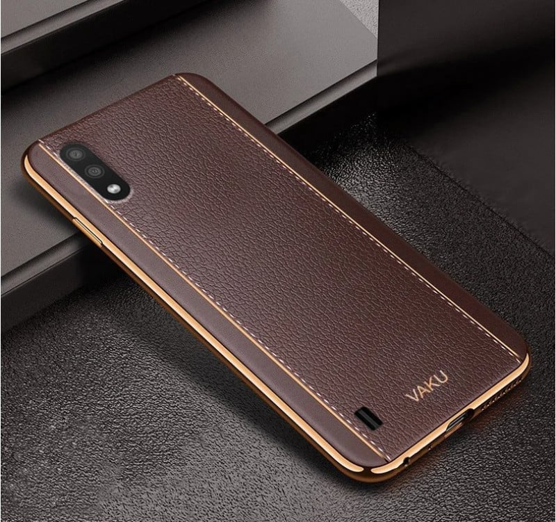 Vaku ® Samsung Galaxy M01 Vertical Leather Stitched Gold Electroplated Soft TPU Back Cover