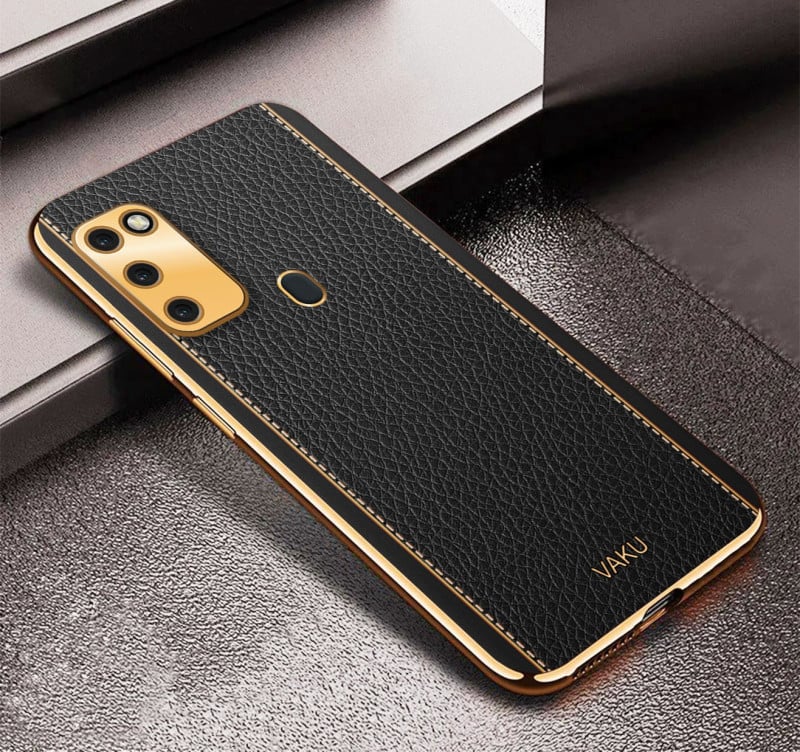 Vaku ® Samsung Galaxy M30S Luxemberg Series Leather Stitched Gold Electroplated Soft TPU Back Cover