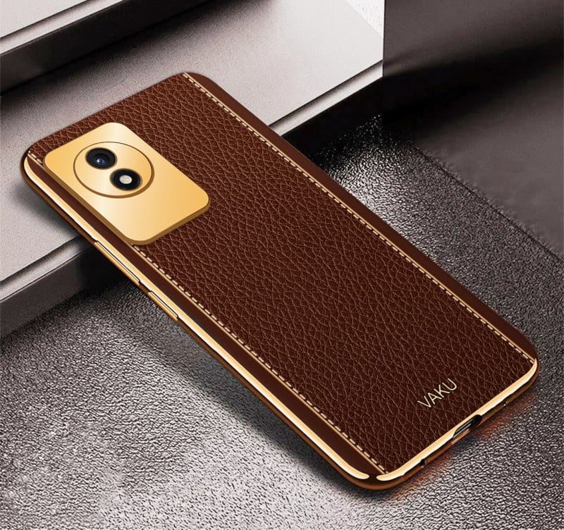 Vaku ® Vivo Y02 Luxemberg Leather Pattern Gold Electroplated Soft TPU Back Cover Case