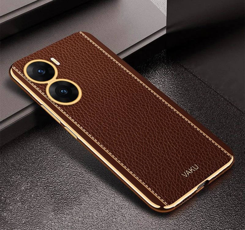 Vaku ® Vivo V29e 5G Luxemberg Leather Pattern Gold Electroplated Soft TPU Back Cover