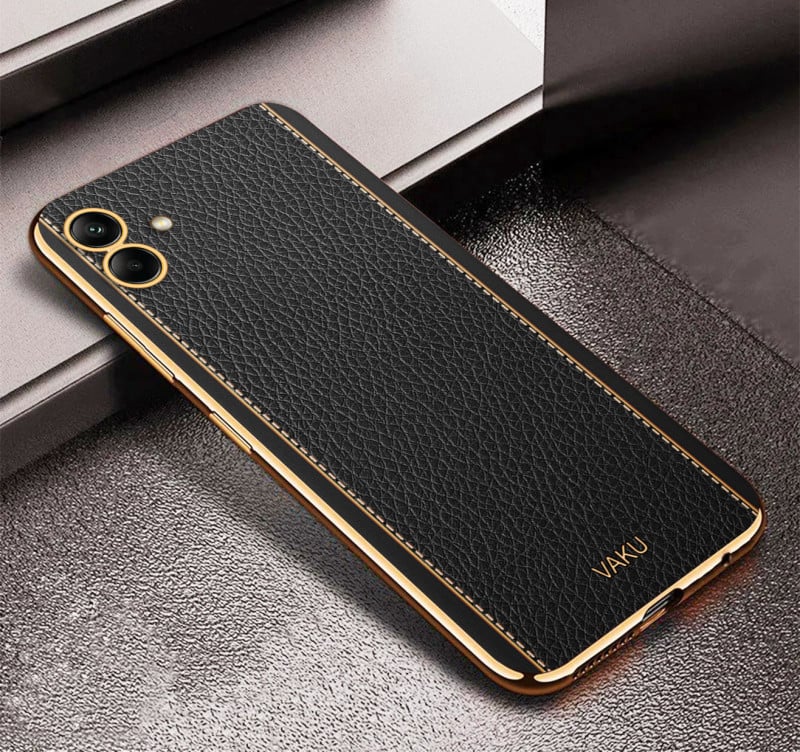 Vaku ® Samsung Galaxy A04 Luxemberg Series Leather Stitched Gold Electroplated Soft TPU Back Cover