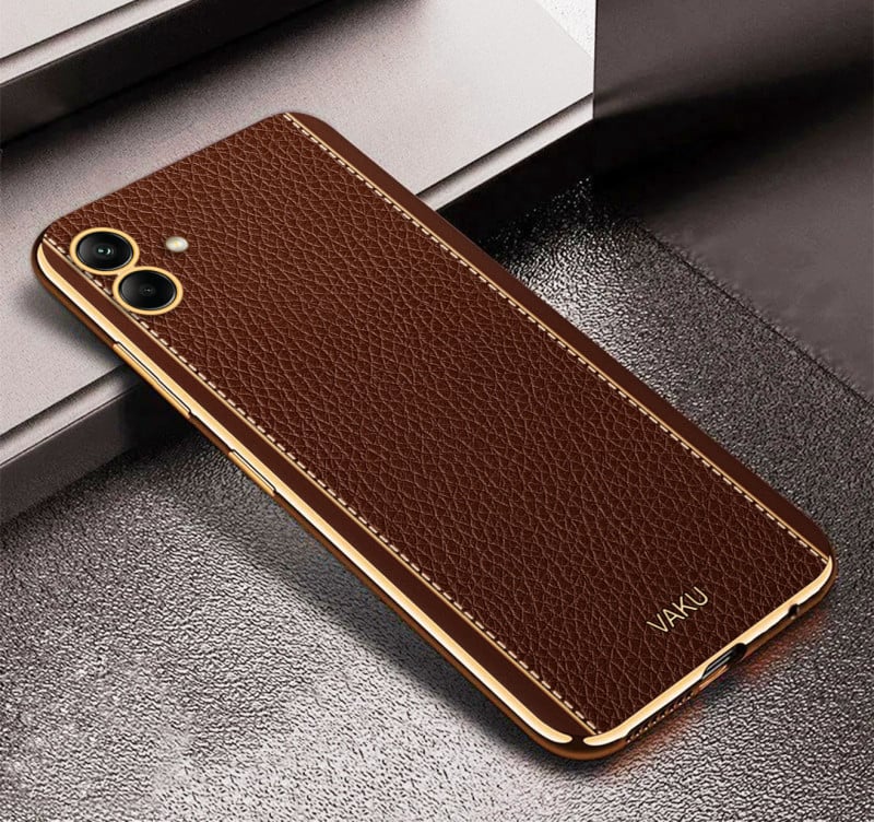 Vaku ® Samsung Galaxy A04e Luxemberg Series Leather Stitched Gold Electroplated Soft TPU Back Cover
