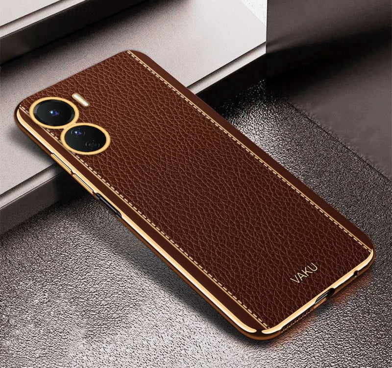 Vaku ® Vivo Y16 Luxemberg Series Leather Stitched Gold Electroplated Soft TPU Back Cover