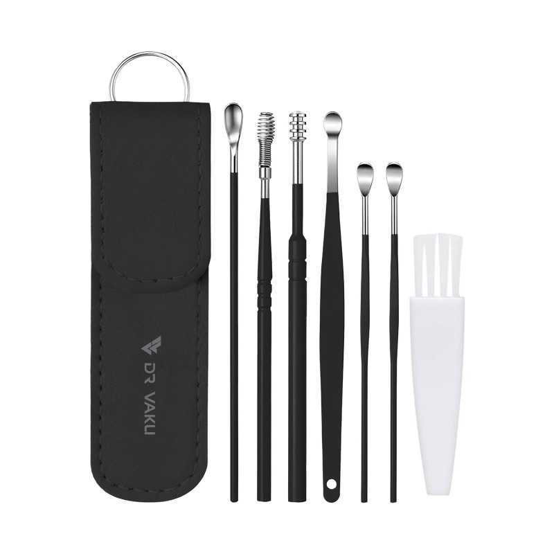Dr Vaku ® Reusable EarWax Removal Cleaning Tool Kit (Set of 7) Stainless Steel With Storage Case Ear Pick Scoop Curette Cleaner And Spring Buds Safe Easy & Hygienic