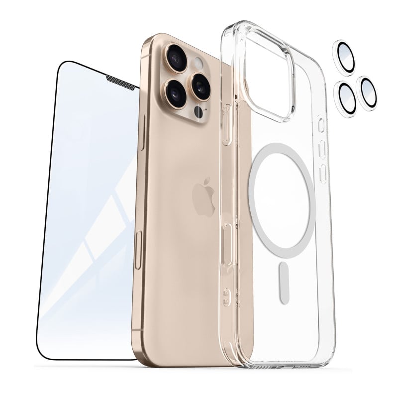 Vaku ® 3in1 Value Combo Pack Glassy Magpro Clear Silicone Back Cover Case + 3D Tempered Glass + Camera Lens Protector Screen Guard for iPhone 16 / 16 Plus / 16 Pro / 16 Pro Max