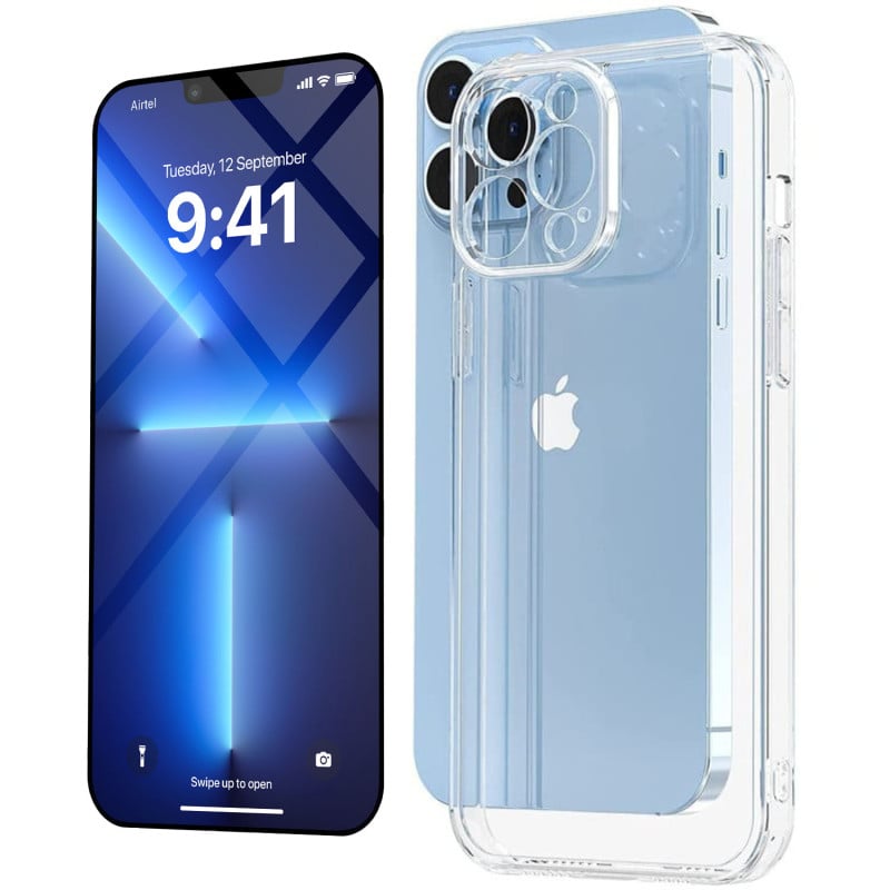Vaku Luxos ® 2In1 Combo Apple iPhone 13 Pro Clear Lens Protection Transparent TPU Back Cover with 3D Tempered Glass