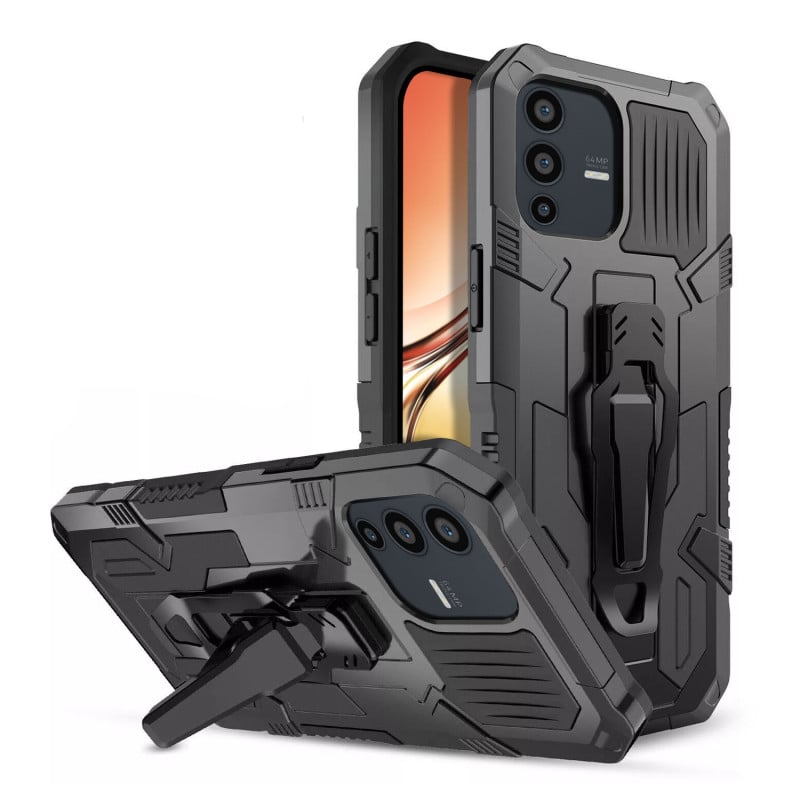 Vaku ® Vivo V23 5G Vanguard Military Grade Armor Case with Metal Belt Clip Kickstand Back Cover