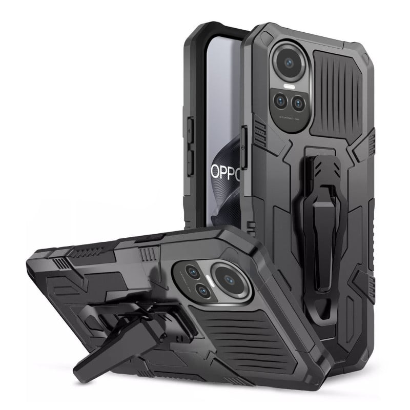 Vaku ® Oppo Reno10 5G Vanguard Military Grade Armor Case with Metal Belt Clip Kickstand Back Cover