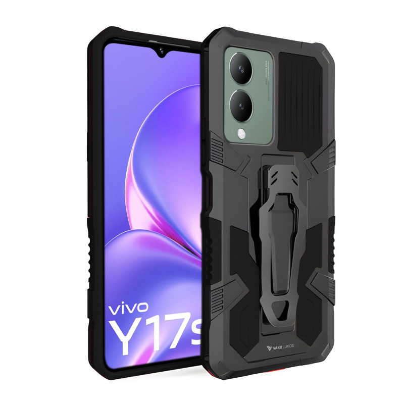 Vaku ® Vivo Y17s Vanguard Military Grade Armor Case with Metal Belt Clip Kickstand Back Cover