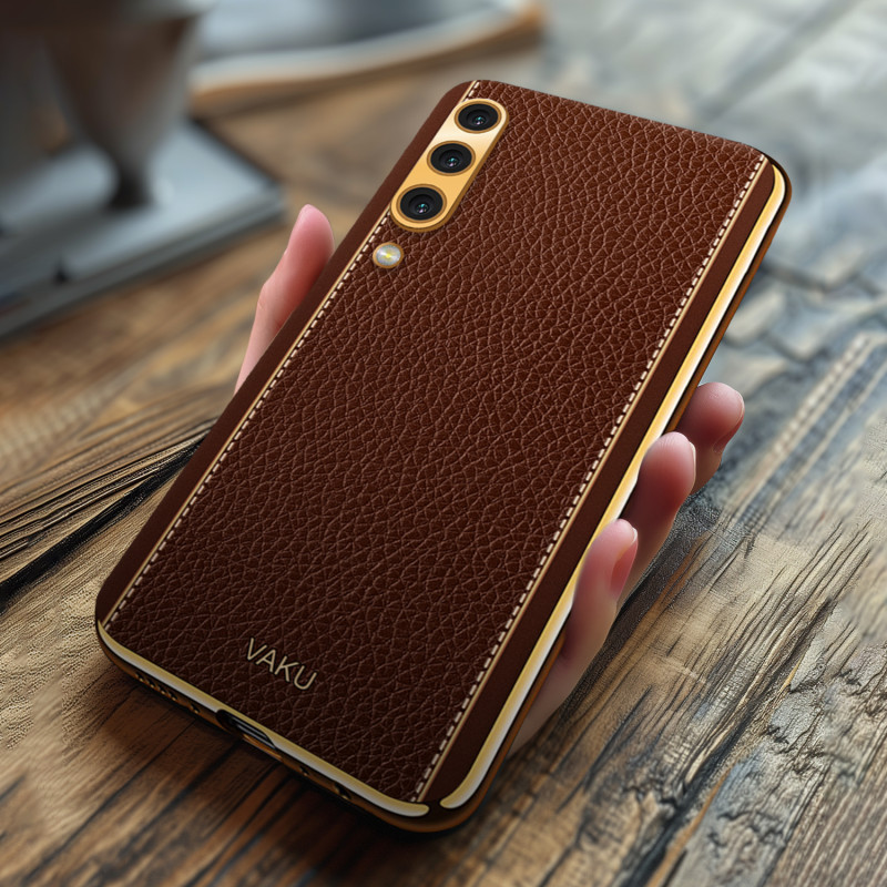 Vaku ® Samsung Galaxy A50 Luxemberg Series Leather Stitched Gold Electroplated Soft TPU Back Cover