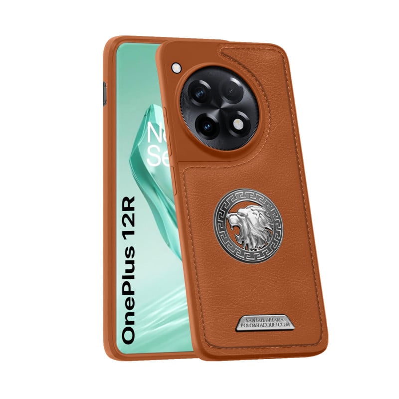 Vaku ® OnePlus 12R Regal Shield Metal Lion Engraved Leather Protective Back Cover