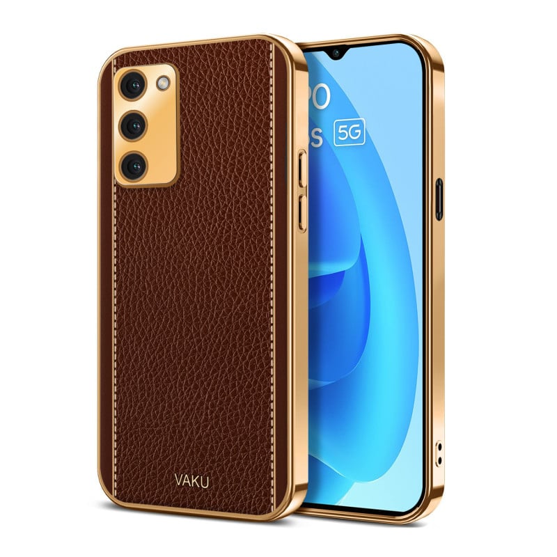 Vaku ® Oppo A53s 5G Luxemberg Series Leather Stitched Gold Electroplated Soft TPU Back Cover