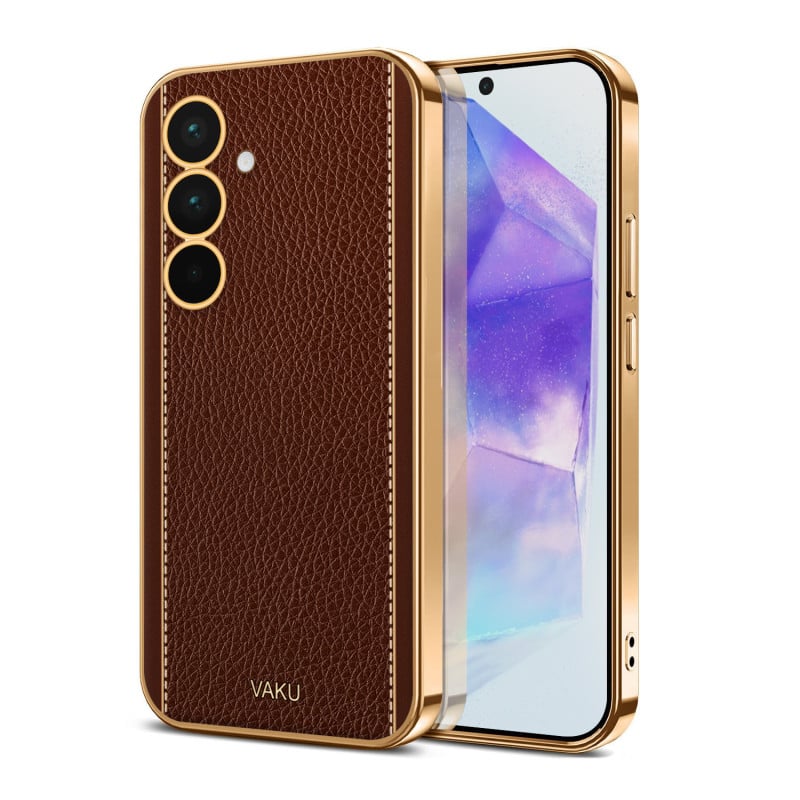 Vaku ® Samsung Galaxy A55 5G Luxemberg Leather Pattern Gold Electroplated Soft TPU Back Cover