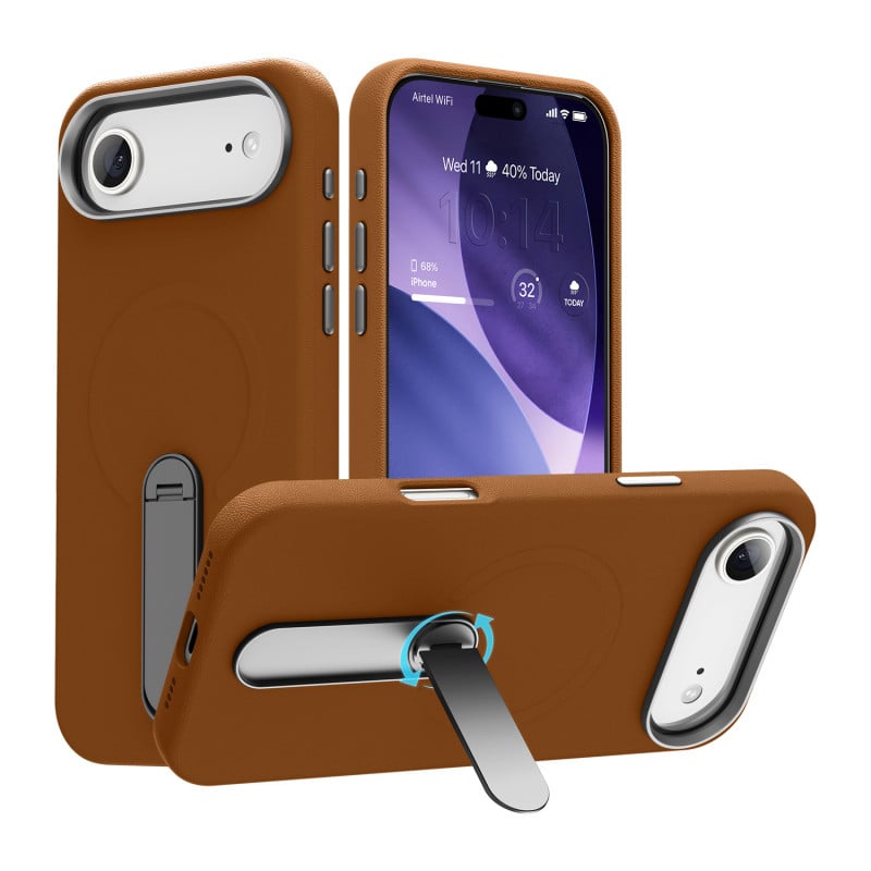 Vaku Luxos ® Apple iPhone 17 Air Zayro Magpro Leather Scratch Resistant Military-Grade Case With Alloy Metal Stand Shockproof Protective Back Cover