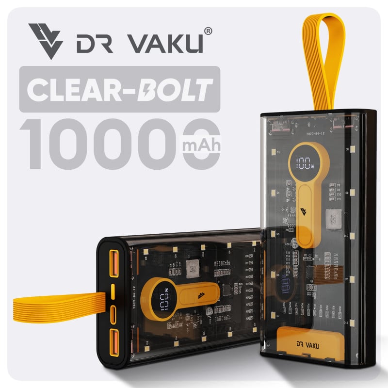 Dr. Vaku ® Clear Bolt 10000 mAh Powerbank 20W Fast Charging, Triple Output Multi-Layer Protection SOS mode for iPhone 15 / 15 Pro / 15 Plus / 15 Pro Max , Android