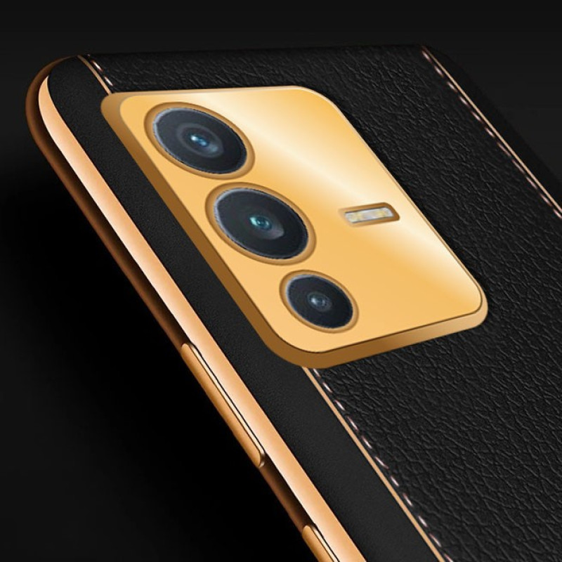Vaku ® Vivo V23 5G Luxemberg Series Leather Stitched Gold Electroplated
