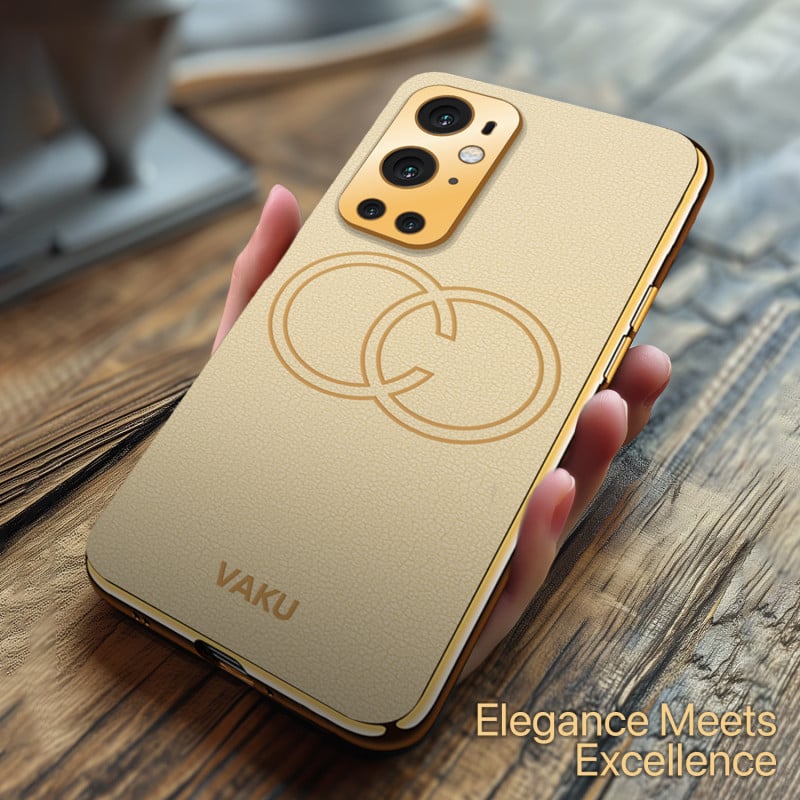 Vaku ® OnePlus 9 Pro Skylar Series Leather Stitched Gold Electroplated Soft TPU Back Cover