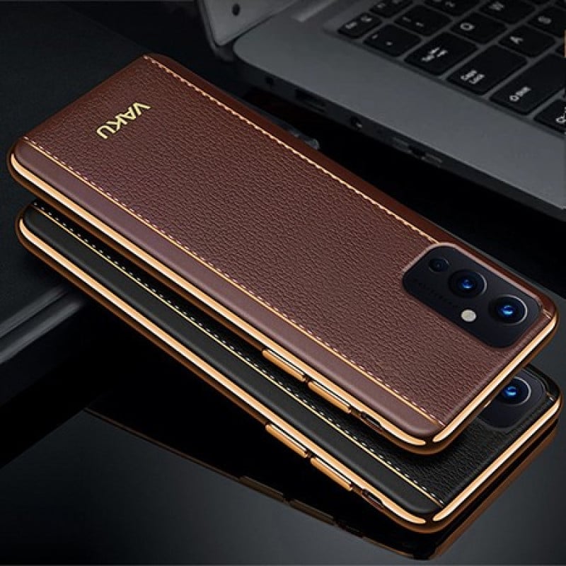 Vaku ® OnePlus 9 Vertical Leather Stitched Gold Electroplated Soft TPU Back Cover