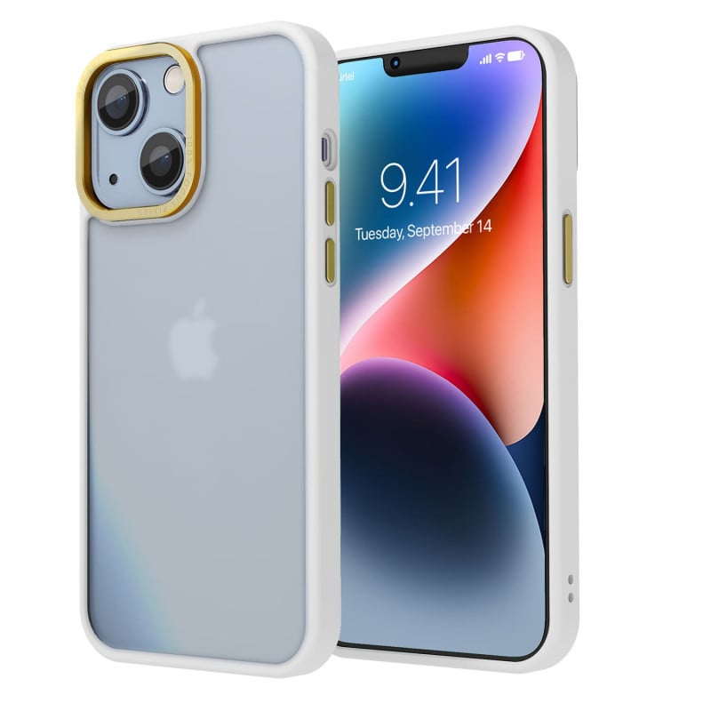 Vaku ® Apple iPhone 14 Translucent Matte Armor Slim Protective Metal Camera Back Cover Case-Gold Ring+White