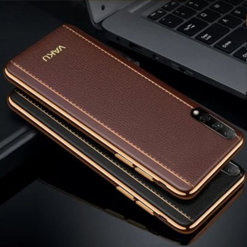 Vaku ® Huawei Honor 9X Pro Vertical Leather Stitched Gold Electroplated Soft TPU Back Cover